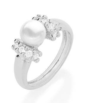 RHODIUM PLATED RING WITH PEARL AND ZIRCONIA