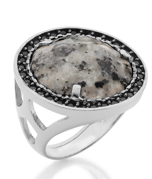 RHODIUM PLATED RING WITH ZIRCONIA AND STONE