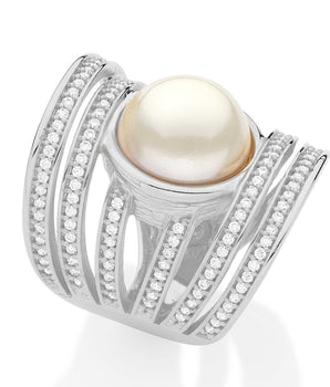 RHODIUM PLATED RING WITH PEARL AND ZIRCONIA