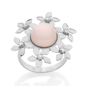 RHODIUM PLATED RING WITH PEARL AND ZIRCONIA