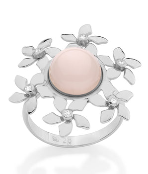 RHODIUM PLATED RING WITH PEARL AND ZIRCONIA