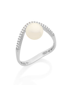 RHODIUM PLATED RING WITH PEARL AND ZIRCONIA