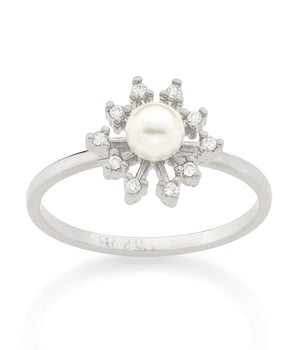 RHODIUM PLATED RING WITH PEARL AND ZIRCONIA