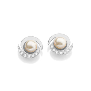 RHODIUM PLATED EARRING WITH PEARL AND ZIRCONIA