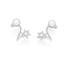 RHODIUM PLATED EARRING WITH PEARL AND ZIRCONIA