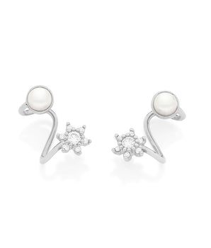 RHODIUM PLATED EARRING WITH PEARL AND ZIRCONIA