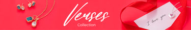 Red banner for Verses Collection featuring gold jewelry with teal and white crystals alongside a romantic note.