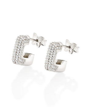 PLATINUM SQUARE STUDDED SMALL HOOP EARRINGS