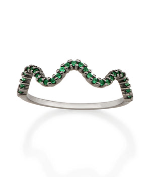 BLACK RHODIUM WAVE SKINNY RING IN GREEN
