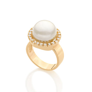 GOLD RING WITH PEARL AND ZIRCONIA