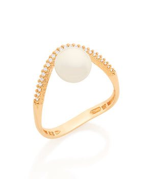 GOLD RING WITH PEARL AND ZIRCONIA