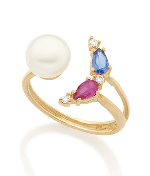 GOLD RING WITH PEARL AND ZIRCONIA