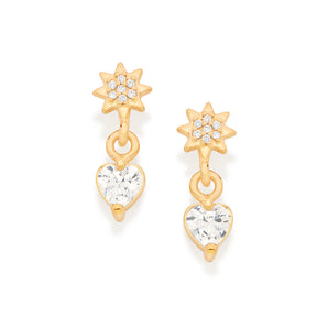 GOLD WHITE HEART DANGLY EARRING