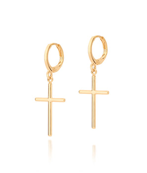 GOLD MEDIUM CROSS HUGGIE EARRINGS