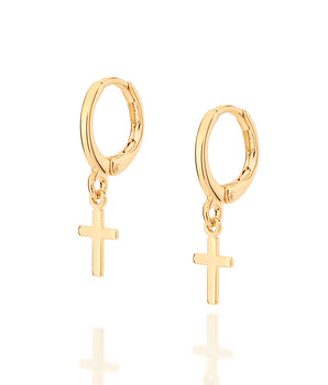 GOLD SMALL CROSS HUGGIE EARRINGS