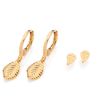 GOLD LEAVES HUGGIE EARRINGS SET