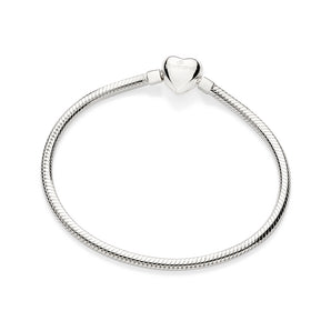 Silver-toned jewelry by Rommanel depicting a polished snake chain bracelet on a white background featuring a heart-shaped clasp and engraved butterfly logo