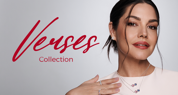 Promotional image for 'Verses Collection' featuring a smiling woman showcasing layered gold fine chains with small square pendants, stud earrings, and stackable rings.