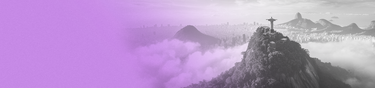 Black and white landscape photograph with a purple gradient overlay showing the Christ the Redeemer statue atop Corcovado mountain above low clouds, overlooking the city of Rio de Janeiro and Sugarloaf Mountain.