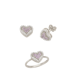 JEWELRY SET RHODIUM PINK HEART (RING + EARRING)