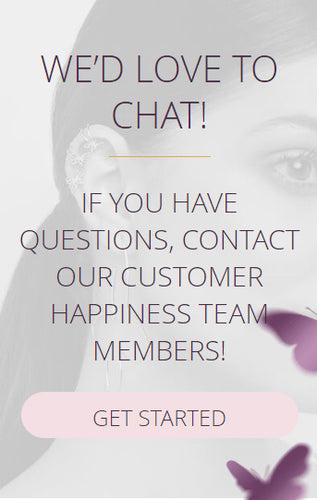 Vertical contact us banner with text 'WE’D LOVE TO CHAT! GET STARTED' over a close-up of a woman's silver star earrings.