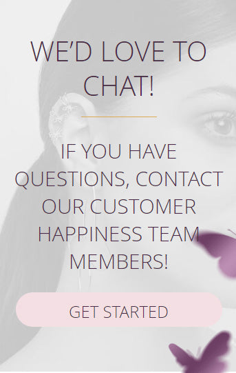 Vertical contact us banner with text 'WE’D LOVE TO CHAT! GET STARTED' over a close-up of a woman's silver star earrings.