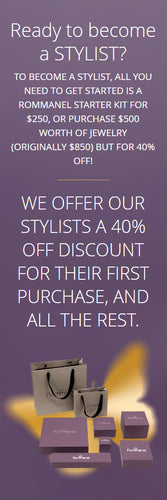 Vertical mobile promotional banner on a purple background. The top half features white text reading: 'Ready to become a STYLIST? TO BECOME A STYLIST, ALL YOU NEED TO GET STARTED IS A ROMMANEL STARTER KIT FOR $250, OR PURCHASE $500 WORTH OF JEWELRY (ORIGINALLY $850) BUT FOR 40% OFF! WE OFFER OUR STYLISTS A 40% OFF DISCOUNT FOR THEIR FIRST PURCHASE, AND ALL THE REST.' The bottom half displays grey Rommanel gift bags and purple jewelry boxes arranged over a glowing golden butterfly.