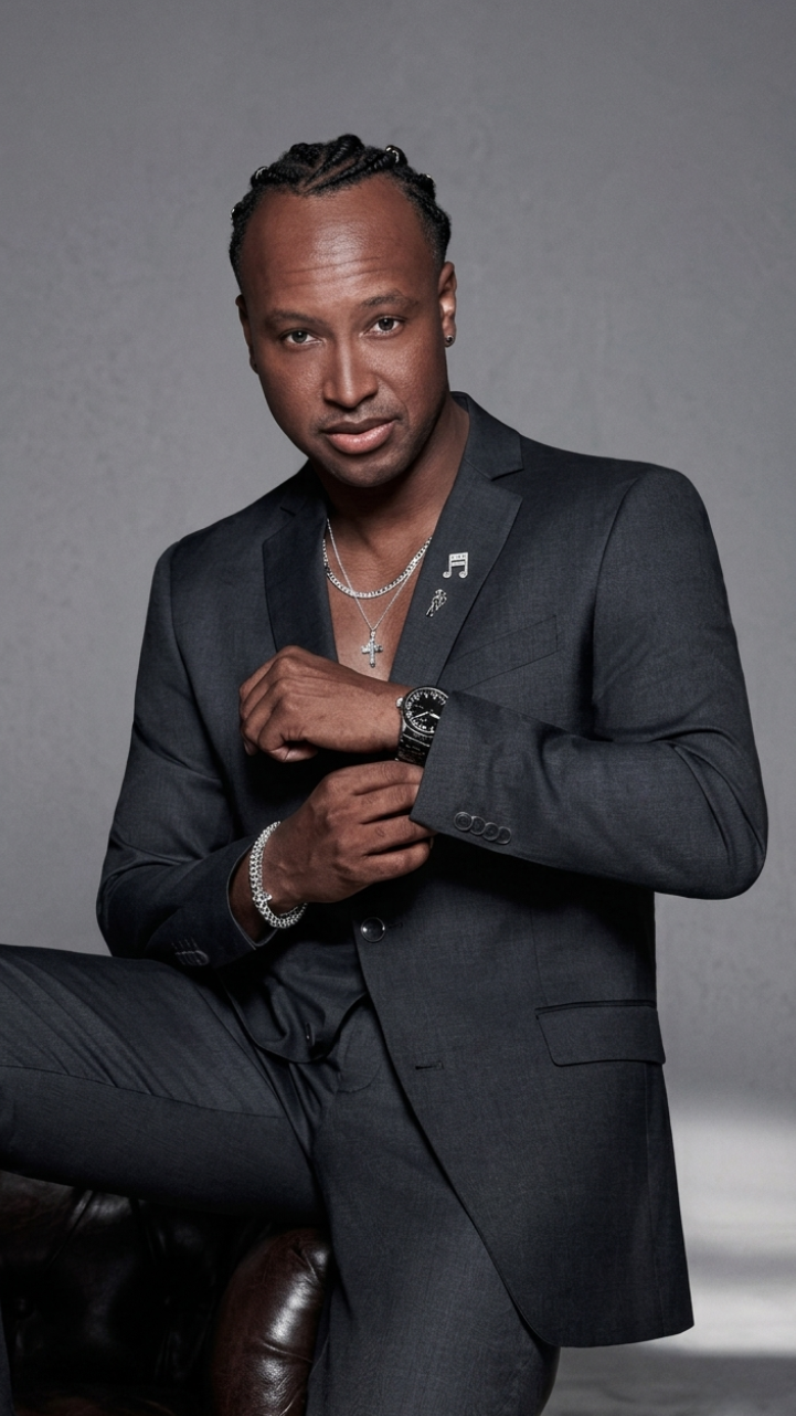 Black man in a black suit wearing silver tennis necklaces, a cross pendant, and iced-out bracelets for the Rhythm Collection.