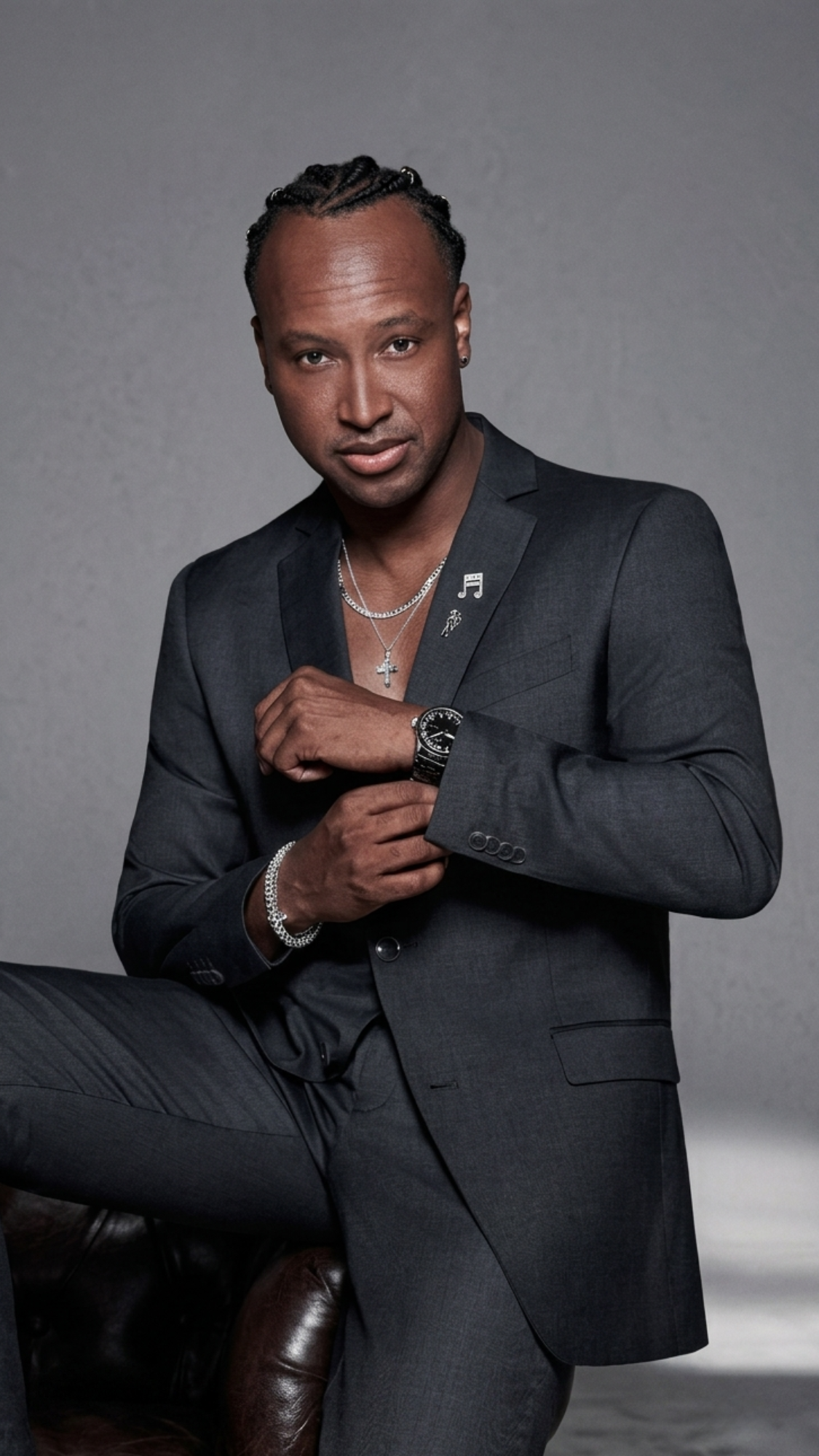 Black man in a black suit wearing silver tennis necklaces, a cross pendant, and iced-out bracelets for the Rhythm Collection.