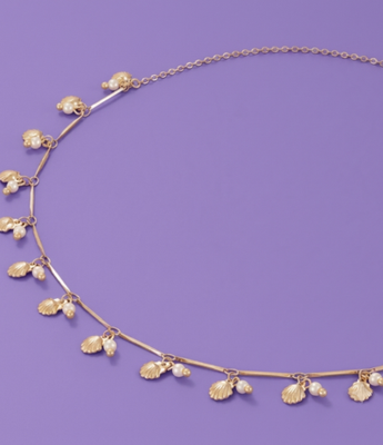 Gold choker necklace with alternating dangling seashell and pearl charms.