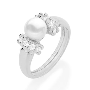 RHODIUM PLATED RING WITH PEARL AND ZIRCONIA