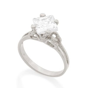 RHODIUM PLATED RING WITH ZIRCONIA