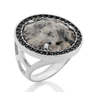 RHODIUM PLATED RING WITH ZIRCONIA AND STONE