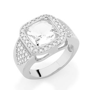 RHODIUM PLATED RING WITH CRYSTAL AND ZIRCONIA