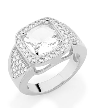 RHODIUM PLATED RING WITH CRYSTAL AND ZIRCONIA