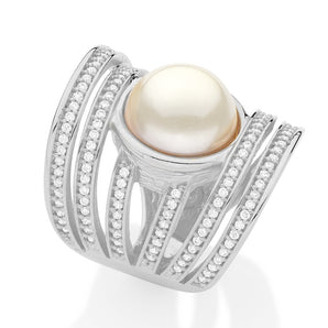 RHODIUM PLATED RING WITH PEARL AND ZIRCONIA