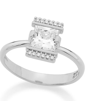 RHODIUM PLATED RING WITH ZIRCONIA