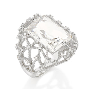 RHODIUM PLATED RING WITH CRYSTAL AND ZIRCONIA