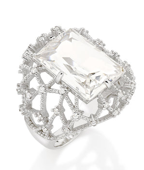RHODIUM PLATED RING WITH CRYSTAL AND ZIRCONIA