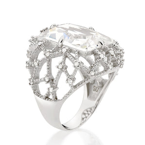 RHODIUM PLATED RING WITH CRYSTAL AND ZIRCONIA