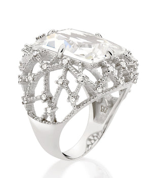RHODIUM PLATED RING WITH CRYSTAL AND ZIRCONIA