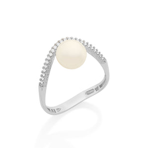 RHODIUM PLATED RING WITH PEARL AND ZIRCONIA