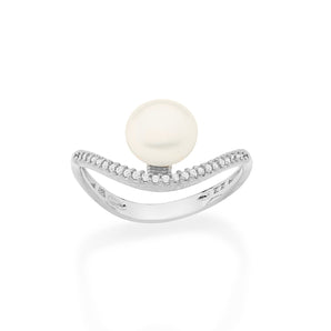 RHODIUM PLATED RING WITH PEARL AND ZIRCONIA