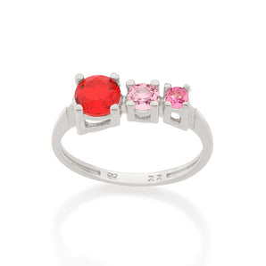 RHODIUM TRIPLE ZIRCONIA RING IN RED AND PINK