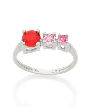 RHODIUM TRIPLE ZIRCONIA RING IN RED AND PINK
