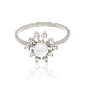 RHODIUM PLATED RING WITH PEARL AND ZIRCONIA