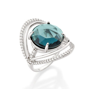 RHODIUM PLATED RING WITH CRYSTAL AND ZIRCONIA