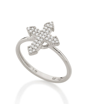 RHODIUM STUDDED CROSS RING