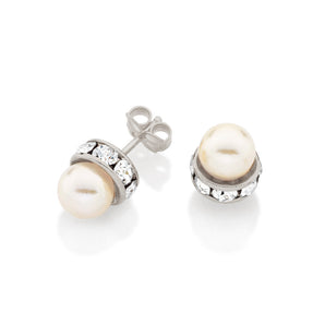 RHODIUM PLATED EARRING WITH PEARL AND CRYSTAL