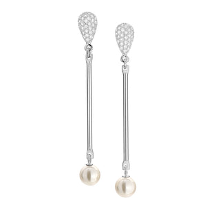 RHODIUM PLATED EARRING WITH PEARL AND ZIRCONIA